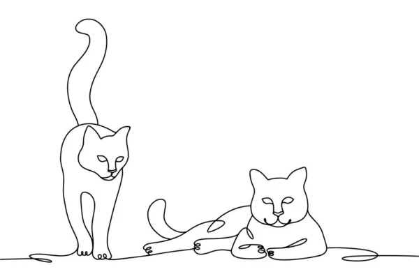 優美な猫2匹 1人は立ち 2人は嘘をつく 猫の世界支配の日 異なる用途のための1つの線画 ベクターイラスト — ストックベクタ