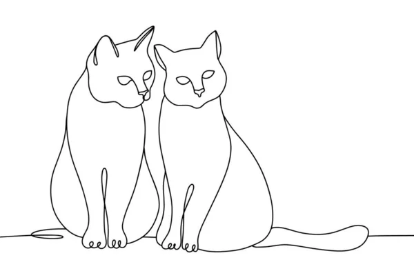 Dos Gatos Sientan Lado Lado Hermosas Mascotas Dibujo Una Línea — Vector de stock