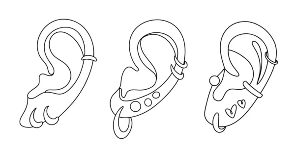 ピアスのオプション 飾りのついた耳のシェル 国際体ピアスの日 異なる用途のための1つの線画 ベクターイラスト — ストックベクタ