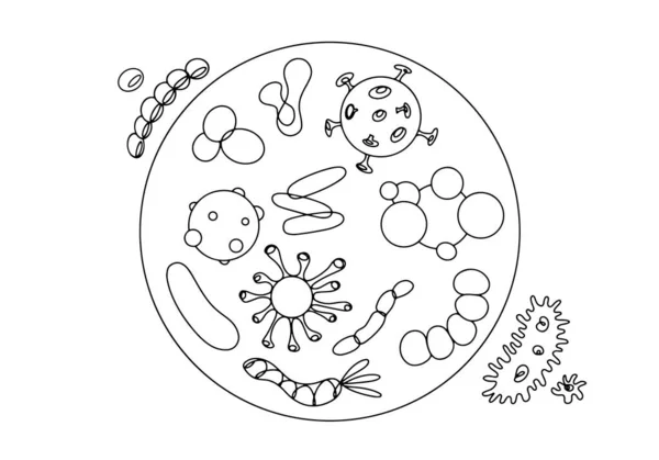 Mikrobiomák Mikroorganizmusok Közösségei Különböző Baktériumok Vírusok Mikrobiológiai Világnap Egy Sorrajz — Stock Vector