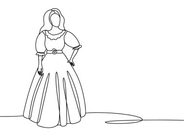 Muhteşem elbiseli genç bir kadın. Farklı kullanım alanları için bir çizgi. Vektör illüstrasyonu.