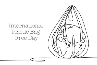 Plastik torba içinde bir gezegen. Polietilen ile çevrenin kirliliği. Uluslararası Plastik Torba Günü. Farklı kullanım alanları için bir çizgi. Vektör illüstrasyonu.