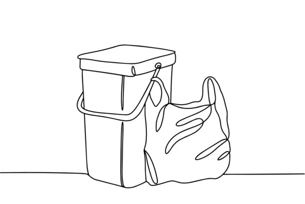 垃圾桶和塑料袋 聚乙烯污染环境 国际免费塑料袋日 不同用途的单行绘图 矢量说明 — 图库矢量图片