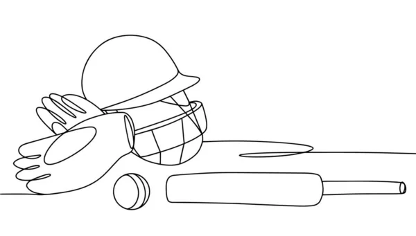クリケットをするための属性 ヘルメット バットとボール 人気のスポーツゲーム 異なる用途のための1つの線画 ベクターイラスト — ストックベクタ