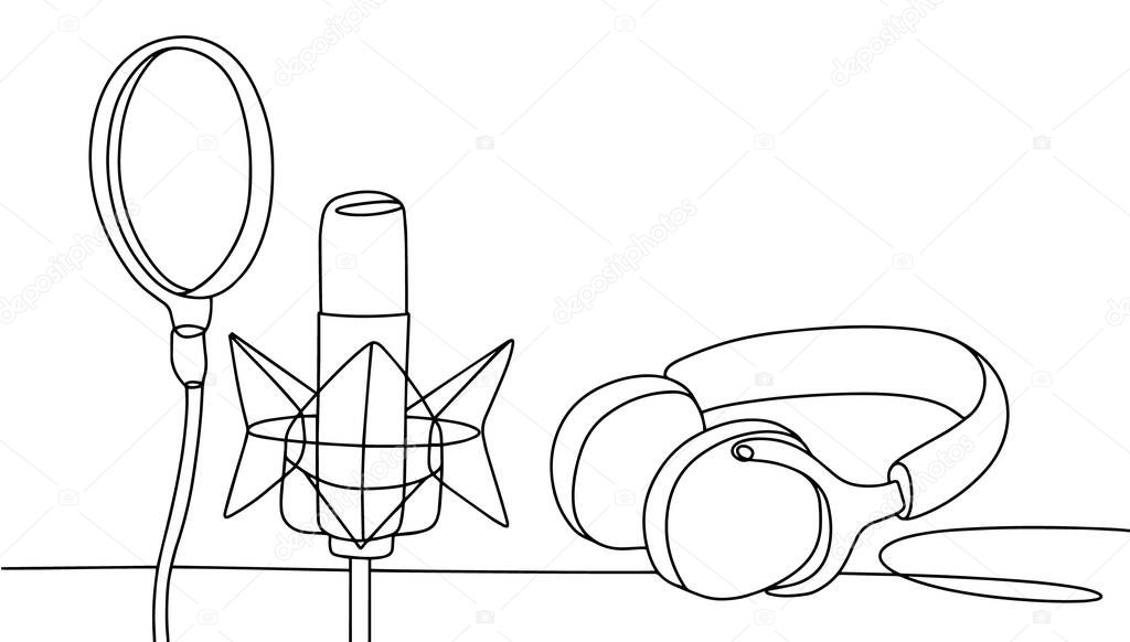 Recording studio equipment. Microphone, headphones and pop filter. International Dubbing Day. One line drawing for different uses. Vector illustration.