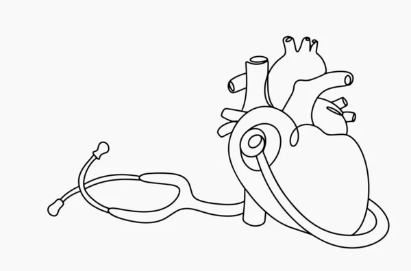 人間の心臓と聴診器 ハートビートを聴け 医療イラスト 世界心臓病の日 異なる用途のための1つの線画 ベクターイラスト — ストックベクタ