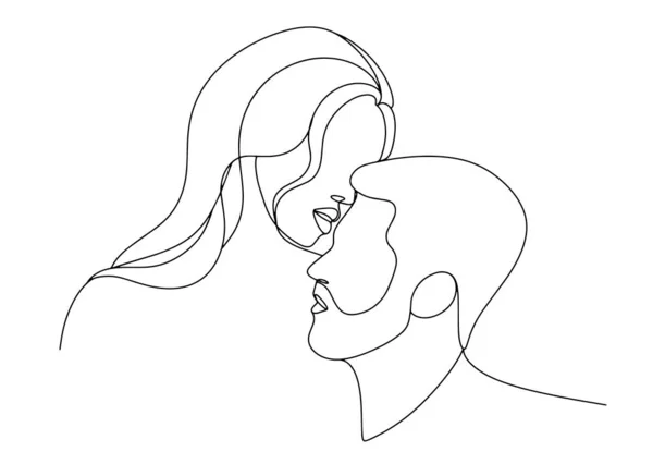 男と女が向かい合う 若い夫婦にキスを 国際キスの日 異なる用途のための1つの線画 ベクターイラスト — ストックベクタ