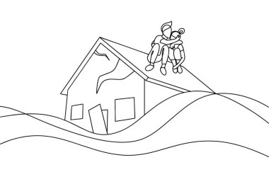 People are sitting on the roof of their own ruined house. The house is sinking in a flood. Consequences of military actions. One line drawing for different uses. Vector illustration. clipart