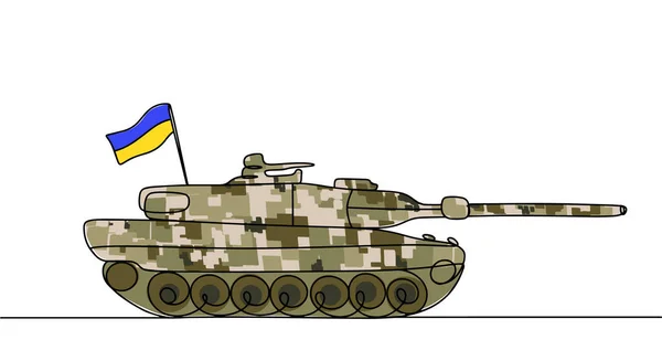 独立ウクライナの領土を保護するための戦車 ピクセルカモフラージュ ウクライナの国旗 戦争だ 異なる用途のための1つの線画 ベクターイラスト — ストックベクタ