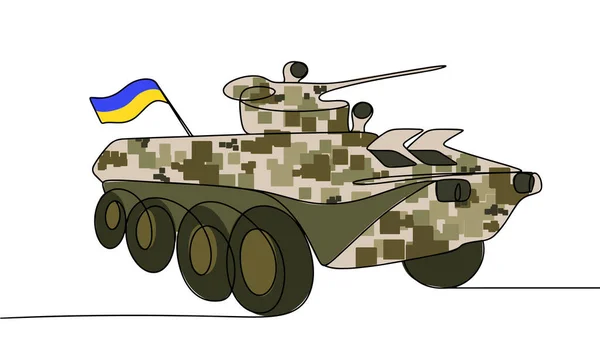Una Portaerei Blindata Camuffamento Pixel Bandiera Ucraina Guerra Disegno Linea — Vettoriale Stock