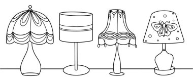 Farklı abajurlu masa lambaları. Yetişkinler ve çocuklar için boyama kitabı. Farklı kullanım alanları için bir çizgi. Vektör illüstrasyonu.