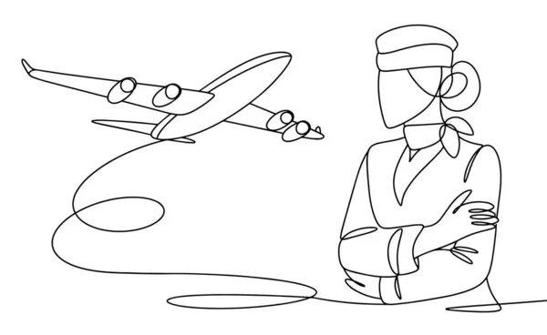 Hospedeira Avião Descolar Dia Internacional Assistente Voo Desenho Uma Linha — Vetor de Stock