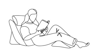 Kız yastıkların üzerinde rahatça oturarak bir kitap okuyor. Uluslararası Kişisel Bakım Günü. Farklı kullanım alanları için bir çizgi. Vektör illüstrasyonu.