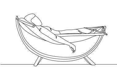 Bir adam hamakta yatıyor. Dinlen ve rahatla. Uluslararası Kişisel Bakım Günü. Farklı kullanım alanları için bir çizgi. Vektör illüstrasyonu.