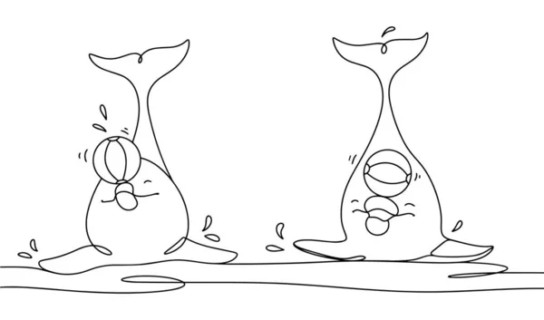 两只海豚在玩球 经过训练的海豚海豚馆的代表 世界鲸鱼和海豚日 不同用途的单行绘图 矢量说明 — 图库矢量图片