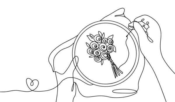 Женщина Вышивает Цветы Обруче Всемирный День Вышивки Один Рисунок Линии — стоковый вектор