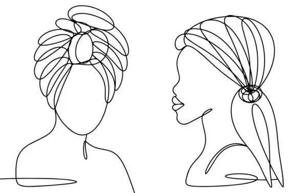 两个漂亮的非洲女人头上戴着标语牌非洲妇女日 不同用途的单行绘图 矢量说明 — 图库矢量图片