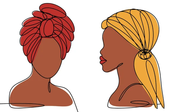 两个漂亮的非洲女人头上戴着标语牌非洲妇女日 不同用途的单行绘图 彩色矢量插图 — 图库矢量图片
