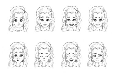 Hayali bir karakterin kalem çizimi. Çeşitli olumlu duygular.