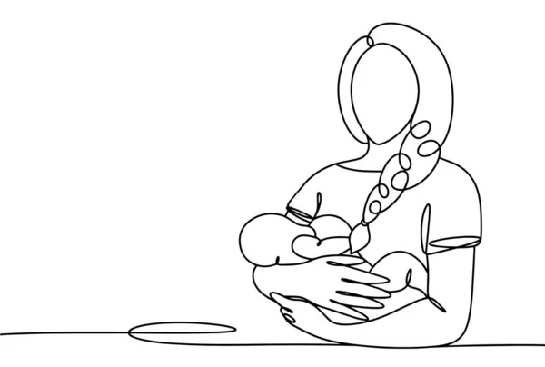 母亲正在喂孩子 世界母乳喂养周 不同用途的单行绘图 矢量说明 — 图库矢量图片