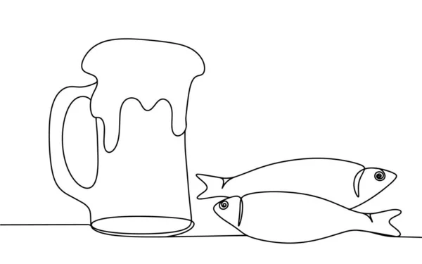 Стакан Пива Соленой Рыбой Международный День Пива Один Рисунок Линии — стоковый вектор