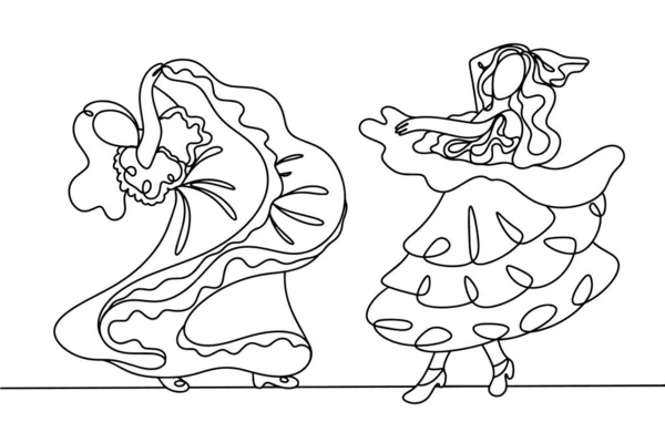 Dwóch Cyganów Tańczy Wspaniałych Sukienkach Rysunek Jednej Linii Różnych Zastosowań — Wektor stockowy