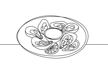 Bir tabak istiridye. Ulusal İstiridye Günü. Farklı kullanım alanları için bir çizgi. Vektör illüstrasyonu.