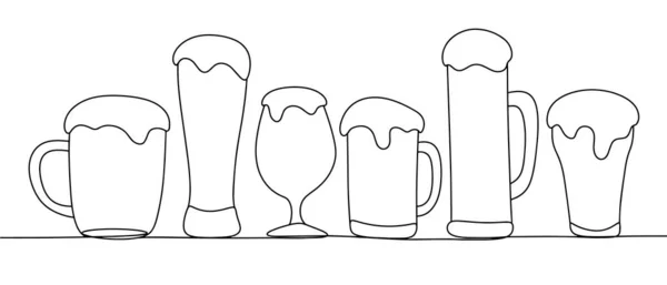 さまざまな形のビールグラス ビールと泡のグラス 国際ビールの日 異なる用途のための1つの線画 ベクターイラスト — ストックベクタ