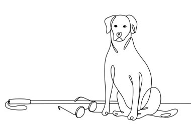 Kör ve gözlüklüler için bastonlu rehber köpek. Uluslararası Rehber Köpek Günü. Farklı kullanım alanları için bir çizgi. Vektör illüstrasyonu.