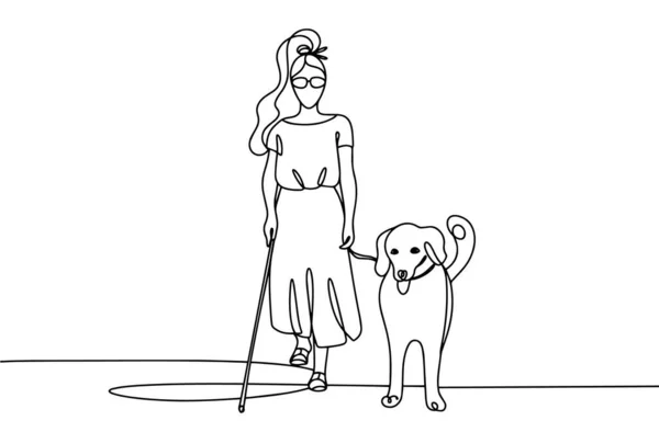 Слепая Женщина Поводырем Международный День Собаки Поводыря Один Рисунок Линии — стоковый вектор