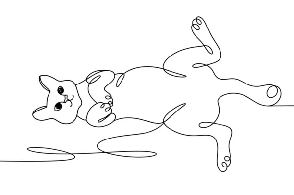 かわいい猫がその足で背中に横たわっています 家のペット 国際猫の日 異なる用途のための1つの線画 ベクターイラスト — ストックベクタ