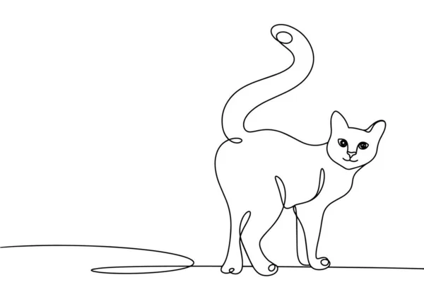 Милий Кіт Ходить Озираючись Назад Міжнародний День Котів Однорядковий Малюнок — стоковий вектор