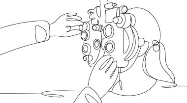 Eye examination with an ophthalmic refractor. Ophthalmologist Day. One line drawing for different uses. Vector illustration. clipart