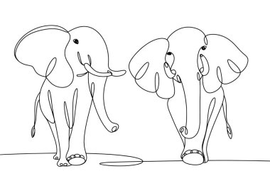 İki fil ileri gider. Dünya Fil Günü. Farklı kullanım alanları için bir çizgi. Vektör illüstrasyonu.