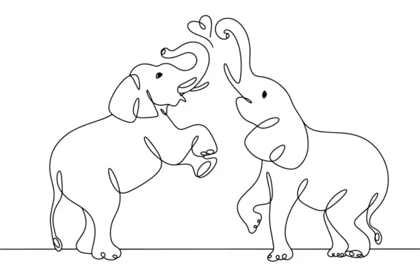 Couple Elephants Have Fun Play World Elephant Day One Line — Stock Vector