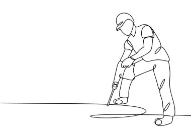 Bir inşaat işçisi kaya matkabıyla sert bir yüzeyi ikiye böler. İnşaat günü. Farklı kullanım alanları için bir çizgi. Vektör illüstrasyonu.