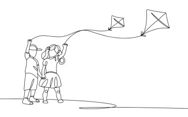 Bir oğlan ve bir kız gökyüzüne uçurtma uçuruyorlar. Çocuklar için eğlence. Uluslararası Uçurtma Günü. Farklı kullanım alanları için bir çizgi. Vektör illüstrasyonu.