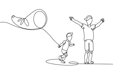 Baba ve oğul uçurtma uçuruyorlar. Neşeli bir meşgale. Uluslararası Uçurtma Günü. Farklı kullanım alanları için bir çizgi. Vektör illüstrasyonu.