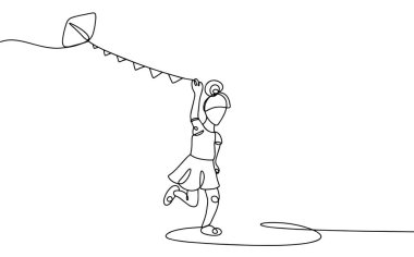 Kız elinde bir uçurtma tutarak koşuyor. Komik eğlence. Uluslararası Uçurtma Günü. Farklı kullanım alanları için bir çizgi. Vektör illüstrasyonu.