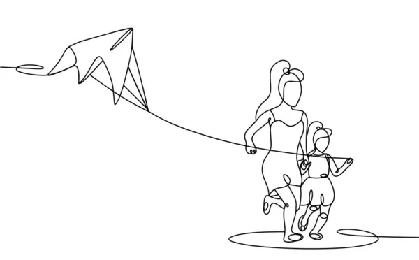 母親と娘は凧を飛ばす レジャー 国際凧の日 異なる用途のための1つの線画 ベクターイラスト — ストックベクタ