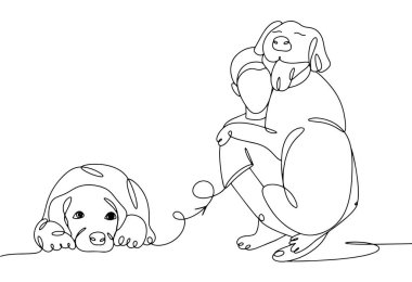 Evsiz köpek evcil hayvan olmak istiyor. Köpekli sahibi. Hayvanlara sevgiler. Uluslararası Evsiz Hayvanlar Günü. Farklı kullanım alanları için bir çizgi. Vektör illüstrasyonu.