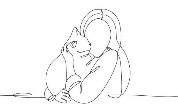 店主拥抱着她的猫 家养宠物 对动物的爱国际无家可归动物日 不同用途的单行绘图 矢量说明 — 图库矢量图片