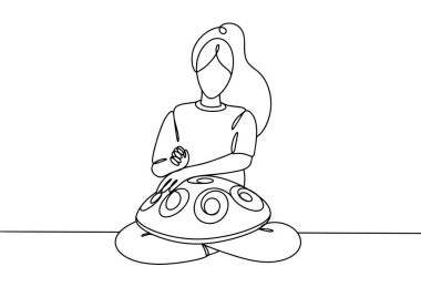 Bir kadın yerde oturup glukofon çalıyor. Uluslararası Garip Müzik Günü. Farklı kullanım alanları için bir çizgi. Vektör illüstrasyonu.