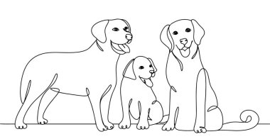 İki yetişkin av köpeği ve bir köpek yavrusu. Labrador. Uluslararası Köpek Günü. Farklı kullanım alanları için bir çizgi. Vektör illüstrasyonu.