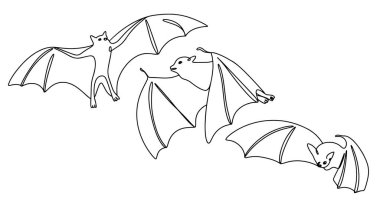A flock of bats in flight. Night flight. International Bat Night. One line drawing for different uses. Vector illustration.