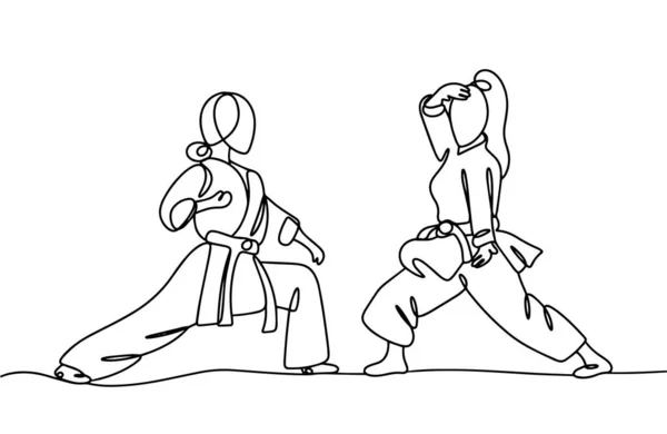 两名妇女站在不同的战斗姿态上 跆拳道 世界跆拳道日 不同用途的单行绘图 矢量说明 — 图库矢量图片