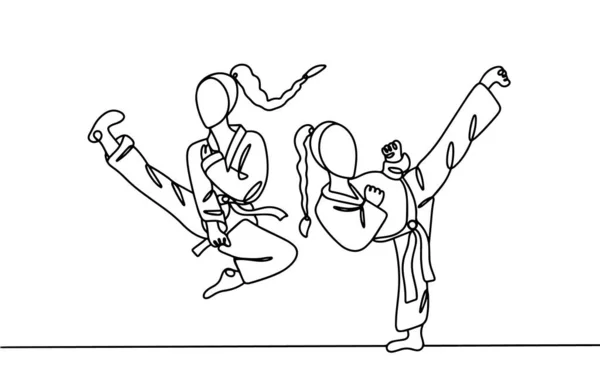 Zwei Frauen Stehen Unterschiedlichen Kampfpositionen Taekwondo Welttaekwondo Tag Eine Linienzeichnung — Stockvektor