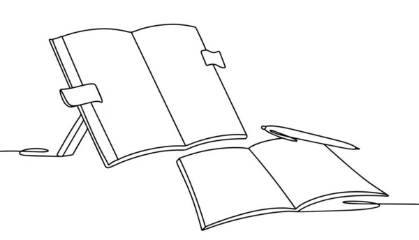 看台上的课本和打开的笔记本 知识日 国际扫盲日 不同用途的单行绘图 矢量说明 — 图库矢量图片