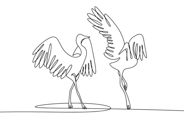 2つのクレーンが横に並んでいる 美しい鳥たち 世界クレーンデー 異なる用途のための1行の図面 ベクトルイラスト — ストックベクタ