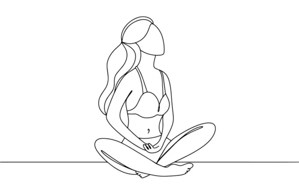 stock vector A young woman sits on the floor and holds her hands in her abdomen. Women Health. International Gynecological Awareness Day. One line drawing for different uses. Vector illustration.